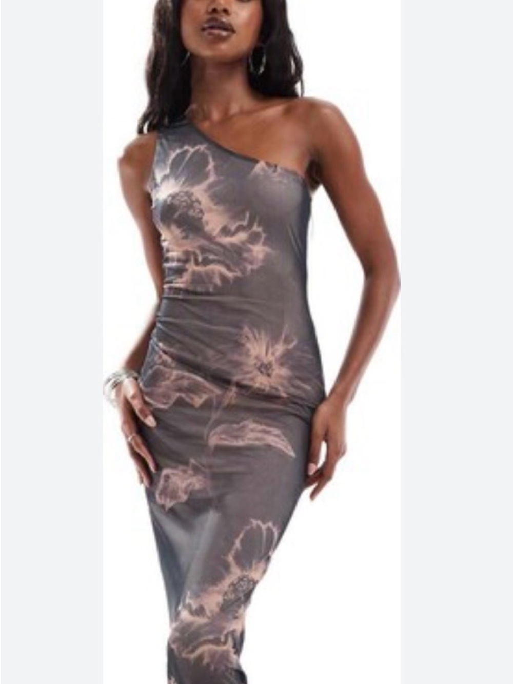 ASOS One-Shoulder Maxi Dress in Charcoal with Blush Floral